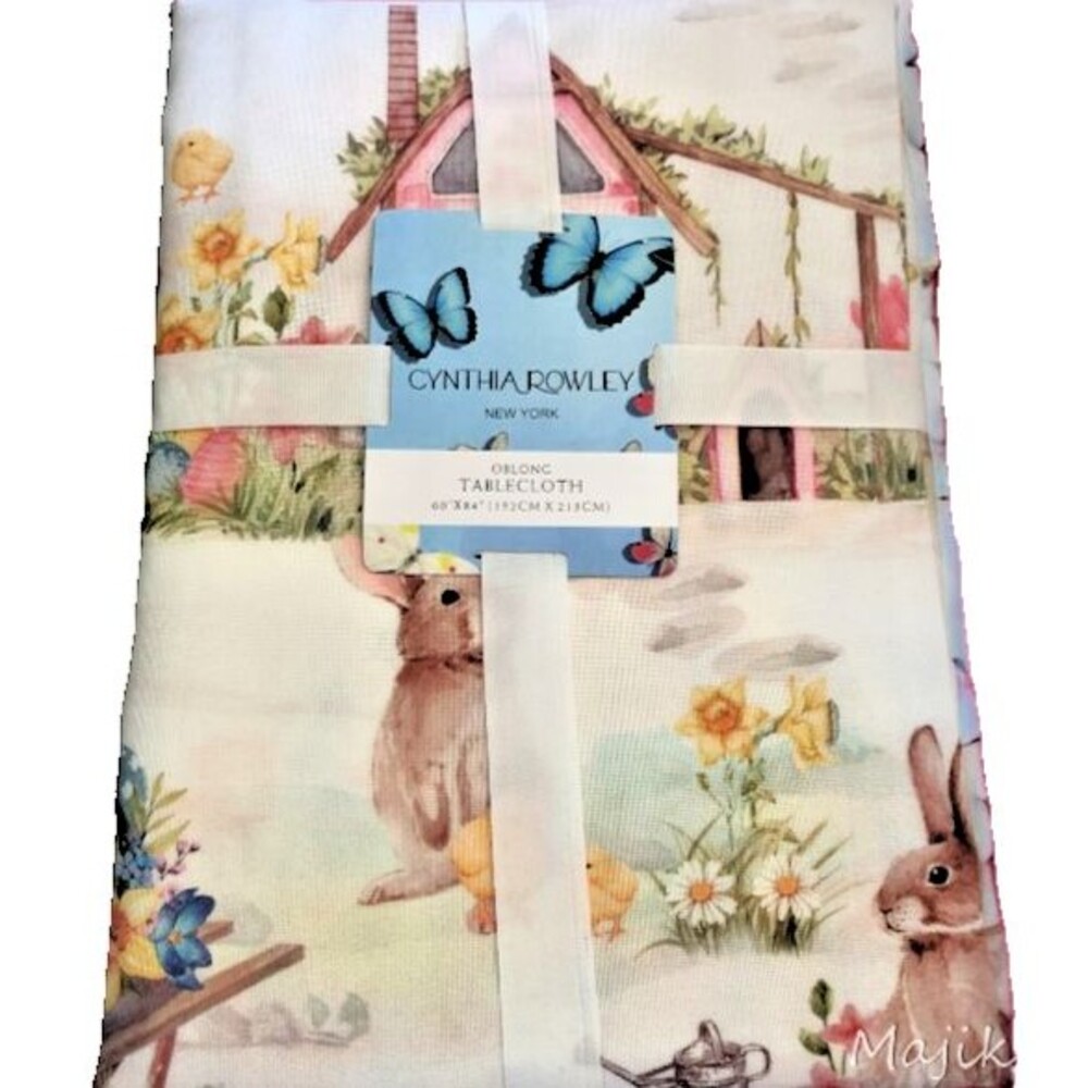 Cynthia Rowley Easter Bunny Spring Tablecloth Egg Garden Daffodils 60x84 White
